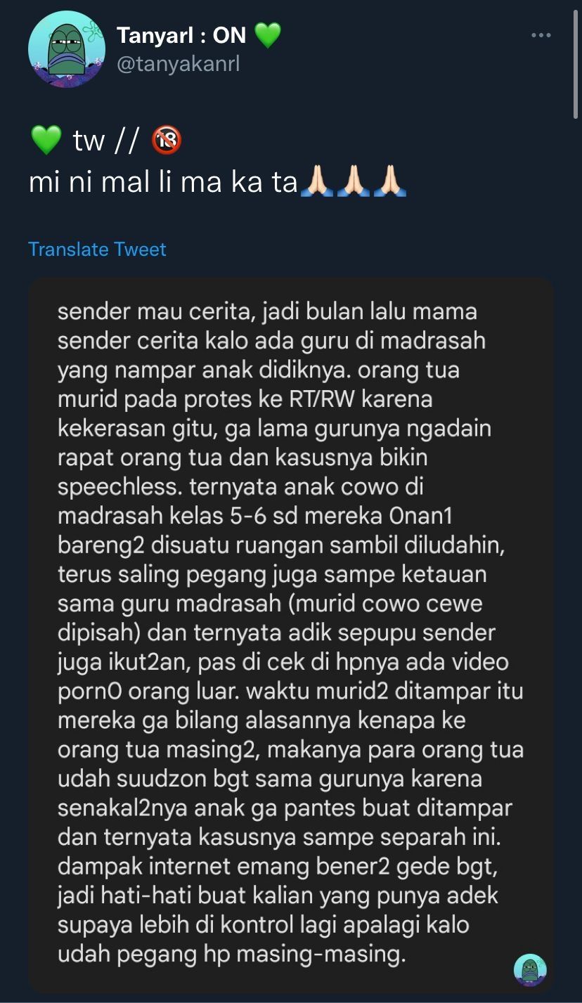 Viral Curhat Warganet, Diduga Ada Guru Madrasah Tampar Anak Didik Gegara Berbuat Tak Senonoh (Twitter/@tanyakanrl)