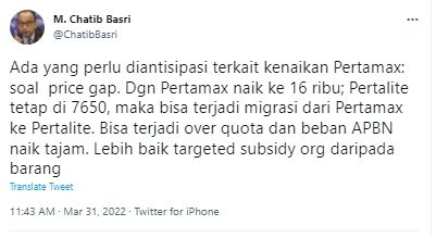 Cuitan tanggapan Menkeu Chatib Basri terkait kenaikan Pertamax. (Twitter/ChatibBasri)