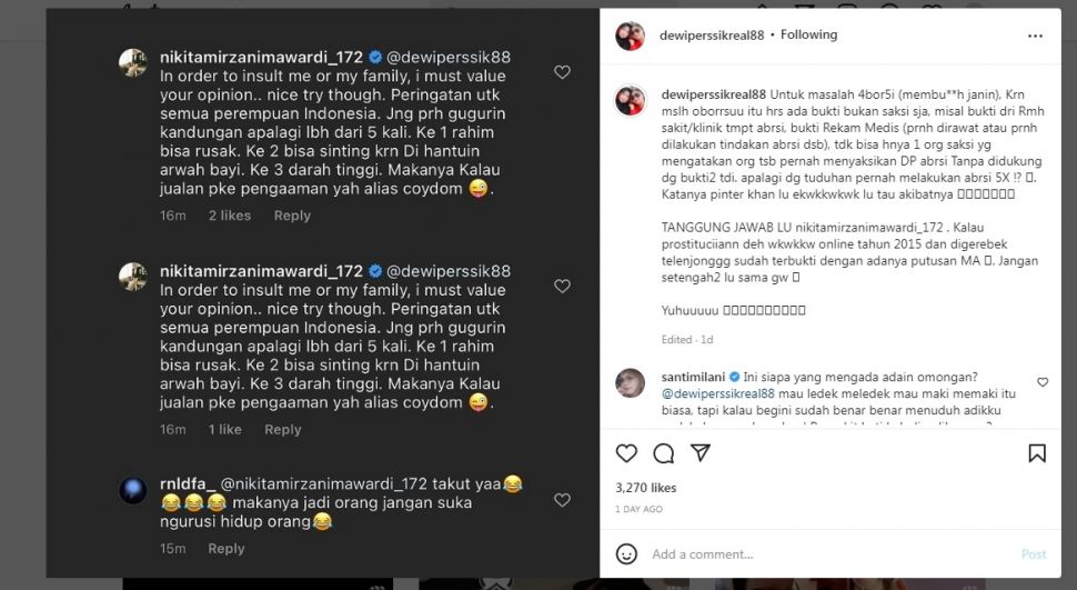 Nikita Mirzani tuduh Dewi Perssik lakukan aborsi lima kali. 