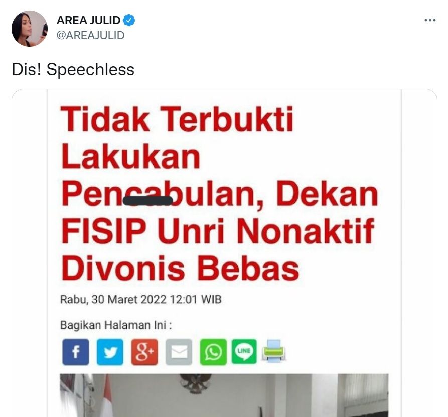 Dekan Fisip Unri Terdakwa Kasus Pelecehan Seksual Divonis Bebas, Publik Geram (Twitter/@AREAJULID)