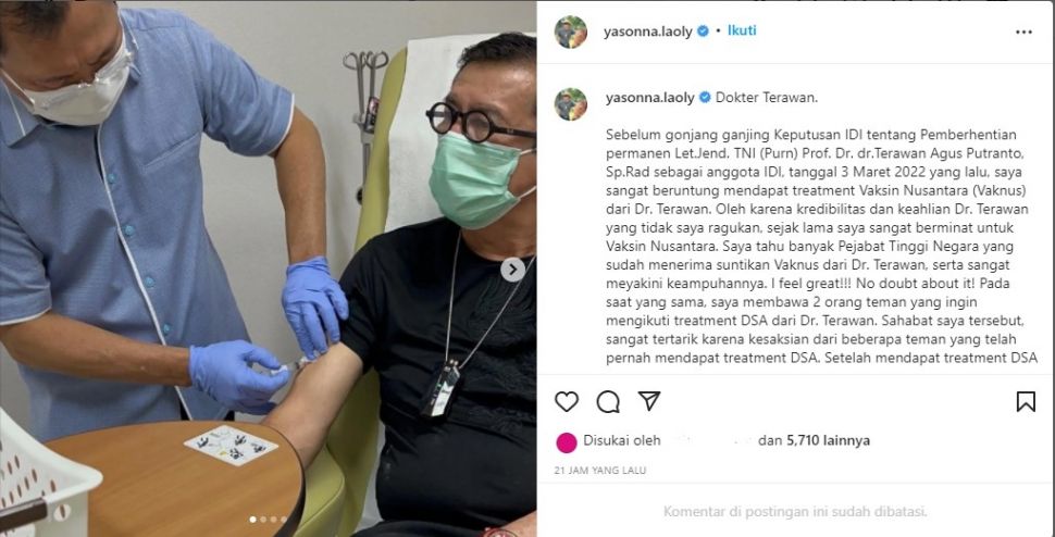 Unggahan Yassona Laoly tentang Dokter Terawan. (Dok: Instagram/yasonna.laoly)