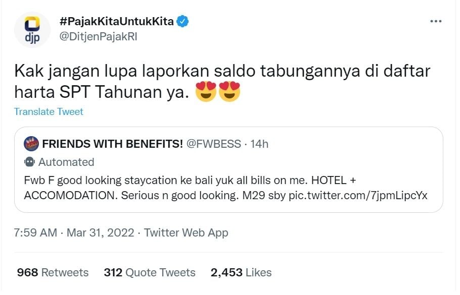 Pria Pamer Saldo Rp 1 Miliar Cari Teman Wanita Diajak Liburan, Auto Kena Sentil Ditjen Pajak (Twitter/@DitjenPajakRI)