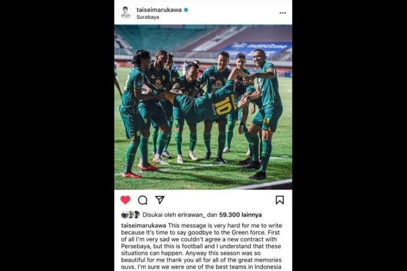 Tangkapan layar postingan Taisei Marukawa berpamitan dan mengucapkan selamat tinggal kepada Persebaya yang diunggahnya pada Kamis (31/3/2022) malam. (ANTARA/HO-@taiseimarukawa)