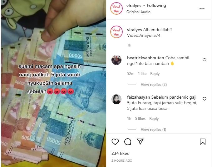 Curhat Istri Tak Senang Suami Hanya Beri Jatah 5 Juta Perbulan, Bikin Warganet Emosi. (Instagram/viralyes)