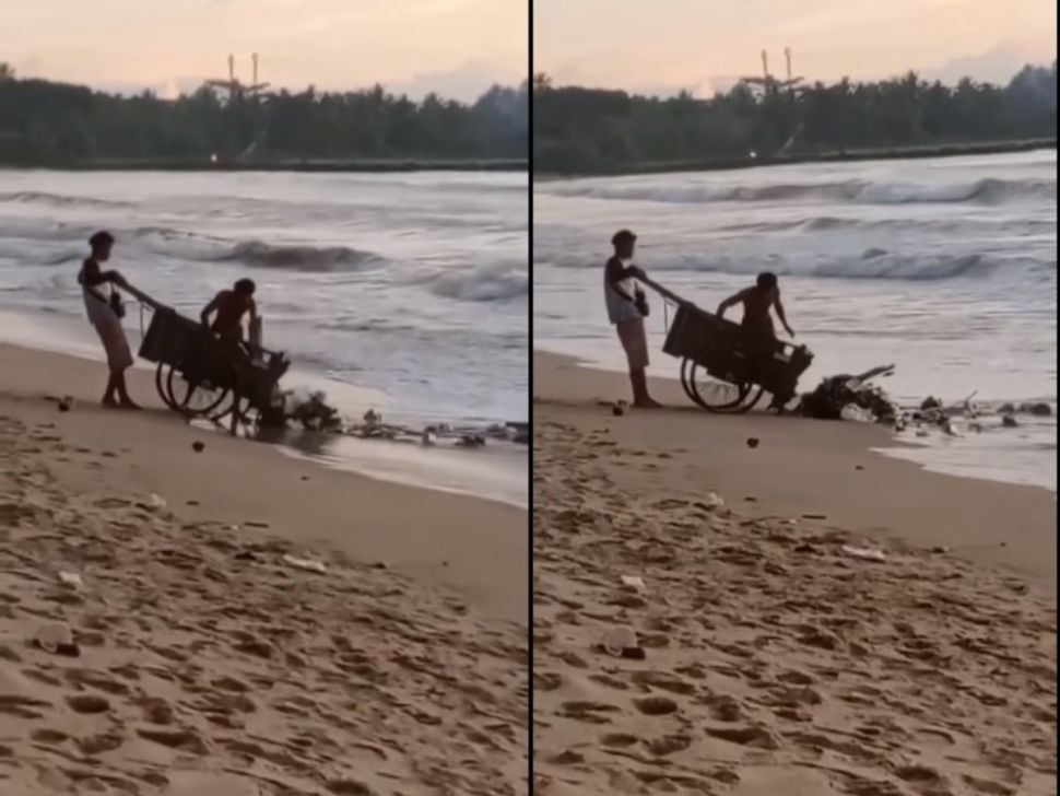 Dua orang buang sampah di pantai (Instagram/kabarnegeri)