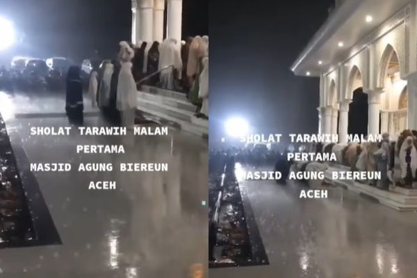 Tarawih Pertama, Jemaah Masjid di Aceh Terekam sampai Rela Salat Kehujanan di Luar