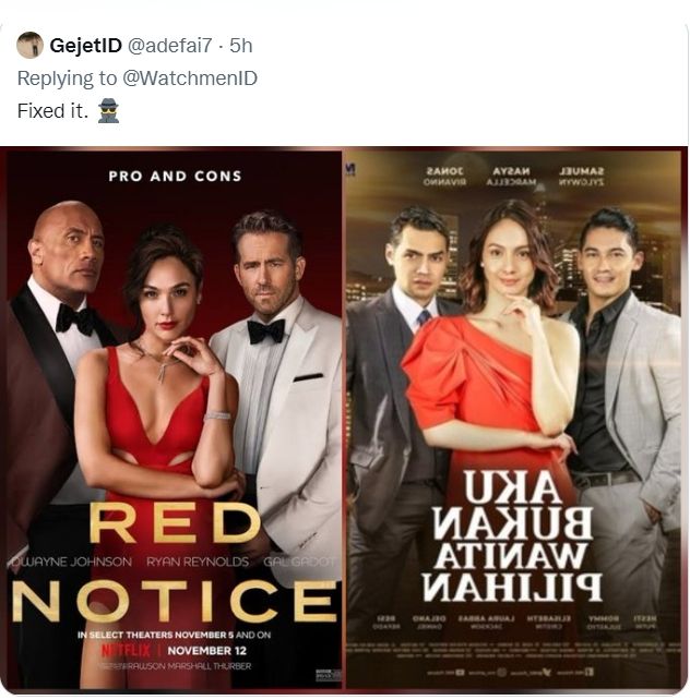 Poster sinetron Aku Bukan Wanita Pilihan diduga menjiplak film Hollywood berjudul Red Notice. Bila di-mirroring, maka posenya akan sama. [Twitter/WatchmenID]