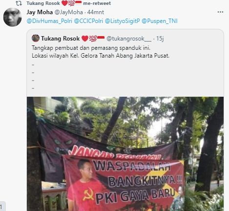 spanduk berisi rekayasa Panglima TNI yang dikaitkan kebangkitan PKI. [tukangrosok_ / Twitter]