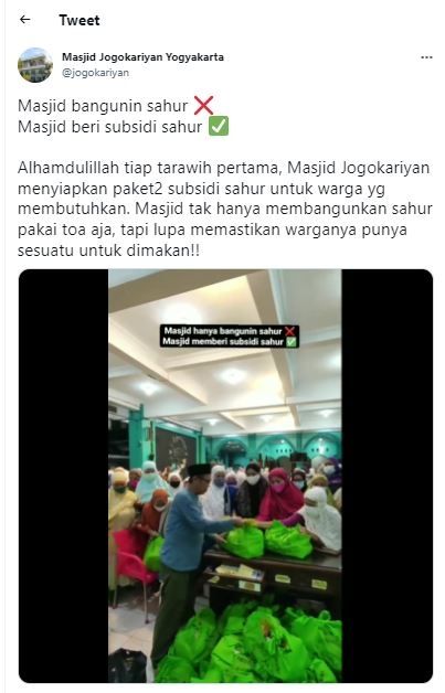 Paket subsidi sahur di Masjid Jogokariyan (Twitter @jogokariyan)