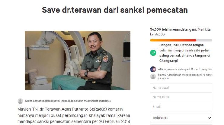 Petisi Save dr.terawan dari sanksi pemecatan. (Change.org)