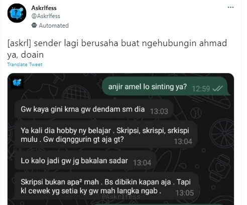 Tega! Hanya Gegara Hobi Belajar, Cewek ini Dendam dan Hapus File Skripsi Pacarnya. (Twitter/Askrlfess)