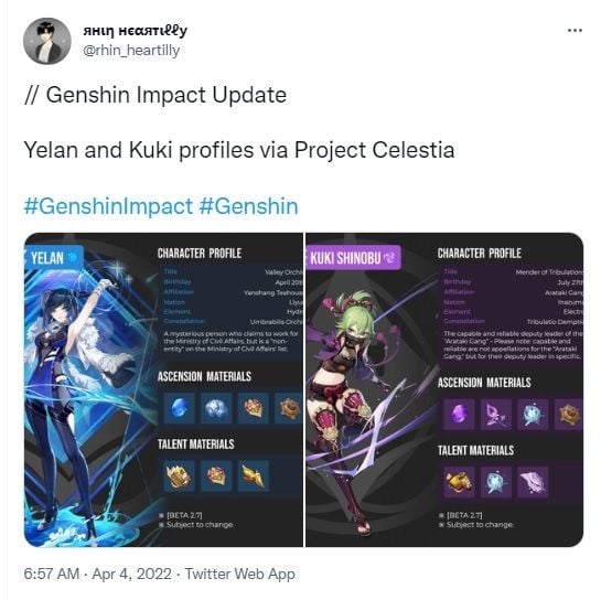 Karakter baru Genshin Impact 2.7. [Twitter/@rhin_heartilly]