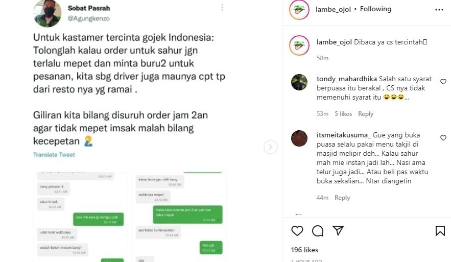 Pesan Makan Mepet Imsak, Customer Tak Sabaran Minta Pihak Resto Percepat Pesanannya. (Instagram/lambe_ojol)