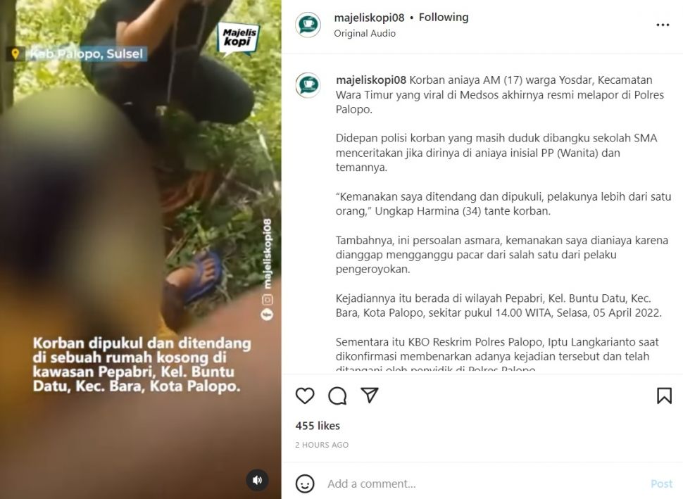 Tega, Siswi SMA Dianiaya Sekelompok Remaja Putri, Dianggap Merebut Pacar Salah Satu Pelaku (instagram/@majeliskopi08)