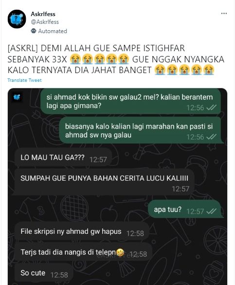 Tega! Hanya Gegara Hobi Belajar, Cewek ini Dendam dan Hapus File Skripsi Pacarnya. (Twitter/Askrlfess)