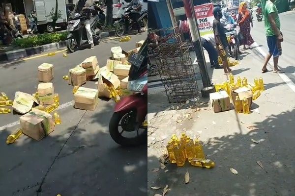 Kendaraan Angkut Minyak Goreng Kecelakaan, Aksi Warga Bantu Ambil Minyak Berserakan Tuai Pujian