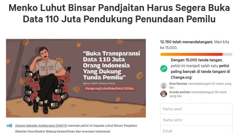 Petisi tentang Luhut Binsar membuka big data. (Tangkapan layar/change.org)