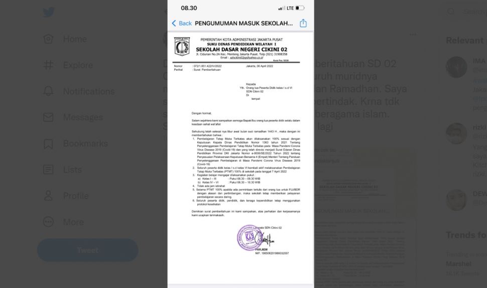 Sekolah Dasar atau SD 02 Cikini, Jakarta Pusat, diduga mewajibkan semua muridnya memakai baju muslim saat bulan Ramadhan 2022. [Twitter/Ima Mahdiah]