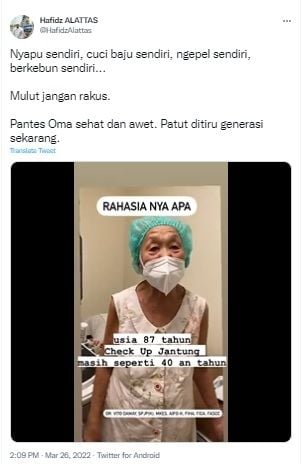 Nenek berjantung sehat bak 40 tahun. [Twitter]