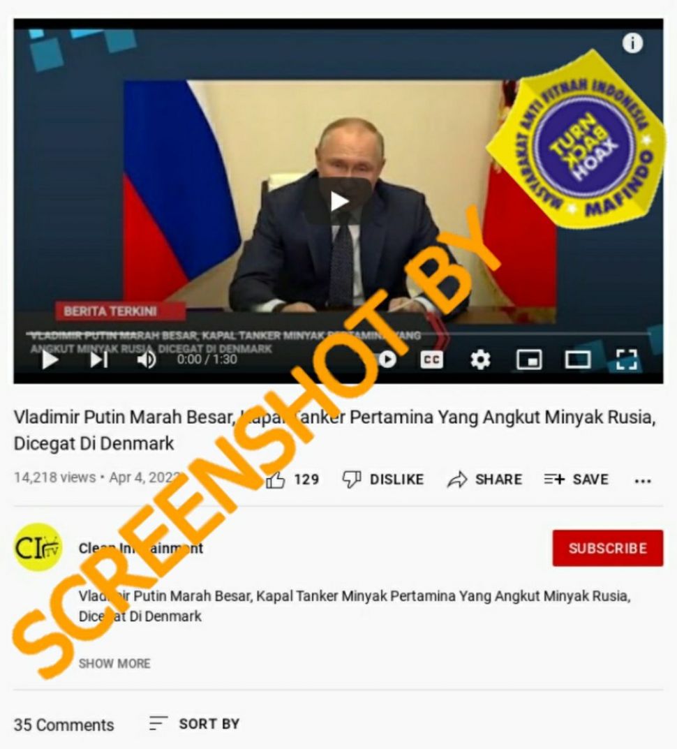 CEK FAKTA: Vladimir Putin Marah karena Kapal Pertamina dari Rusia Dicegat di Denmark, Benarkah? (Turnbackhoax.id)