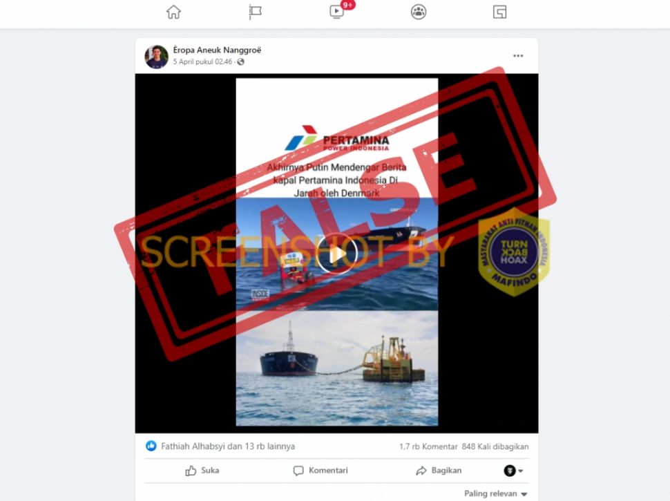 Beredar Video Kapal Pertamina Indonesia Dijarah oleh Denmark, Benarkah? (Turnbackhoax.id)