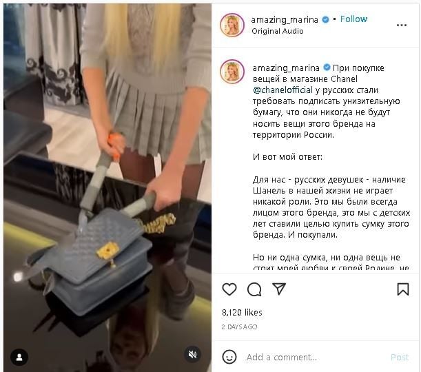 Aksi Sosialita dan Influencer Rusia Rusak Tas Chanel (instagram.com/amazing_marina)