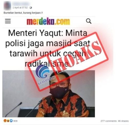 CEK FAKTA: Menag Yaqut Minta Polisi Jaga Masjid Saat Salat Tarawih (kominfo)