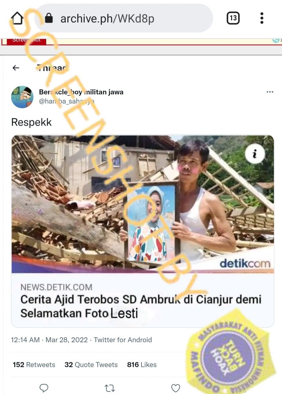 Publik dihebohkan oleh unggahan akun Twitter @hamba_sahaaya, yang mengklaim seseorang bernama Ajid nekat menerobos masuk bangunan SD amrbuk di Cianjur hanya demi menyelamatkan foto artis Lesti Kejora.