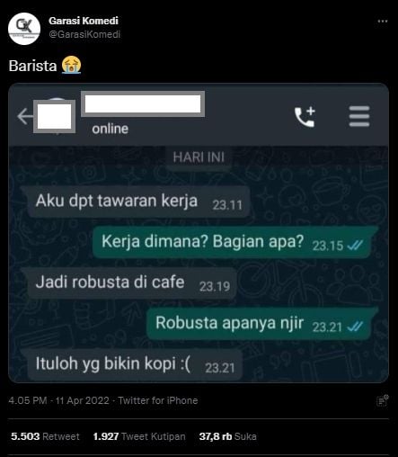 Wanita salah sebut dapat tawaran kerja jadi robusta di kafe. (Twitter/@GarasiKomedi)