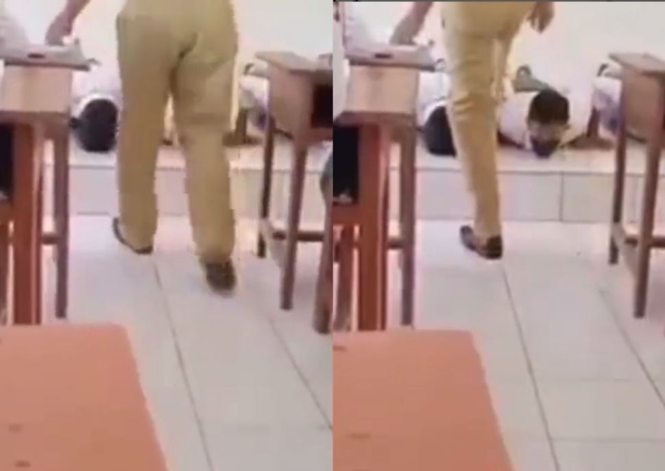 Aski Guru Injak Pundak Siswa saat Push Up di Depan Kelas. (Instagram/kabarnegeri)