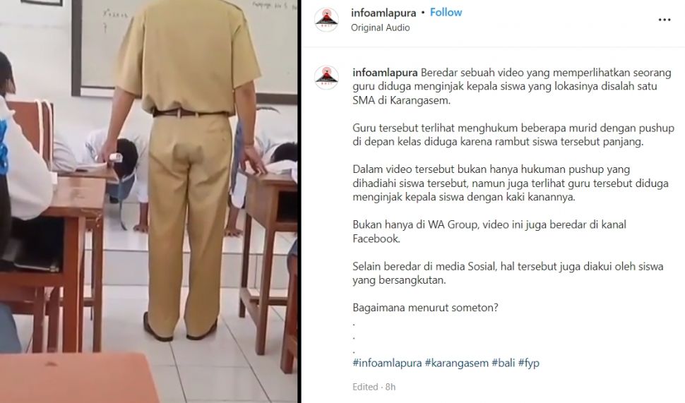 Seorang guru di Provinsi Bali kedapatan menganiaya sejumlah siswanya dengan cara menginjak kepala mereka. [Instagram]