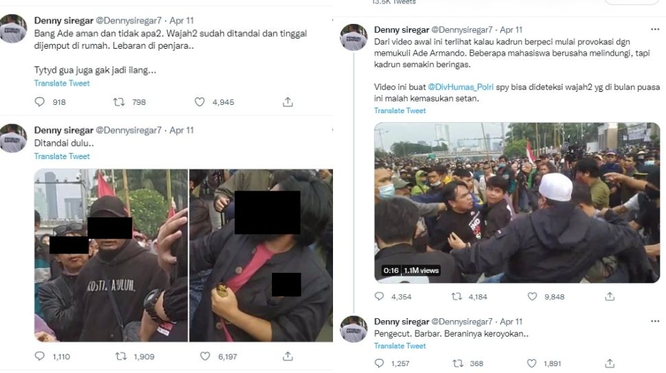 Cuitan Denny Siregar yang tentang orang diduga pelaku pemukul Ade Armando dalam demo 11 April 2022 (Twitter @Dennysiregar7)