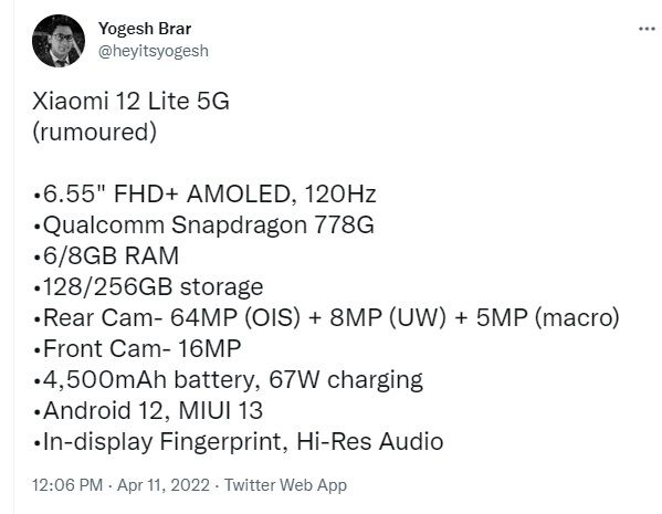Bocoran Xiaomi 12 LIte 5G. [Twitter]