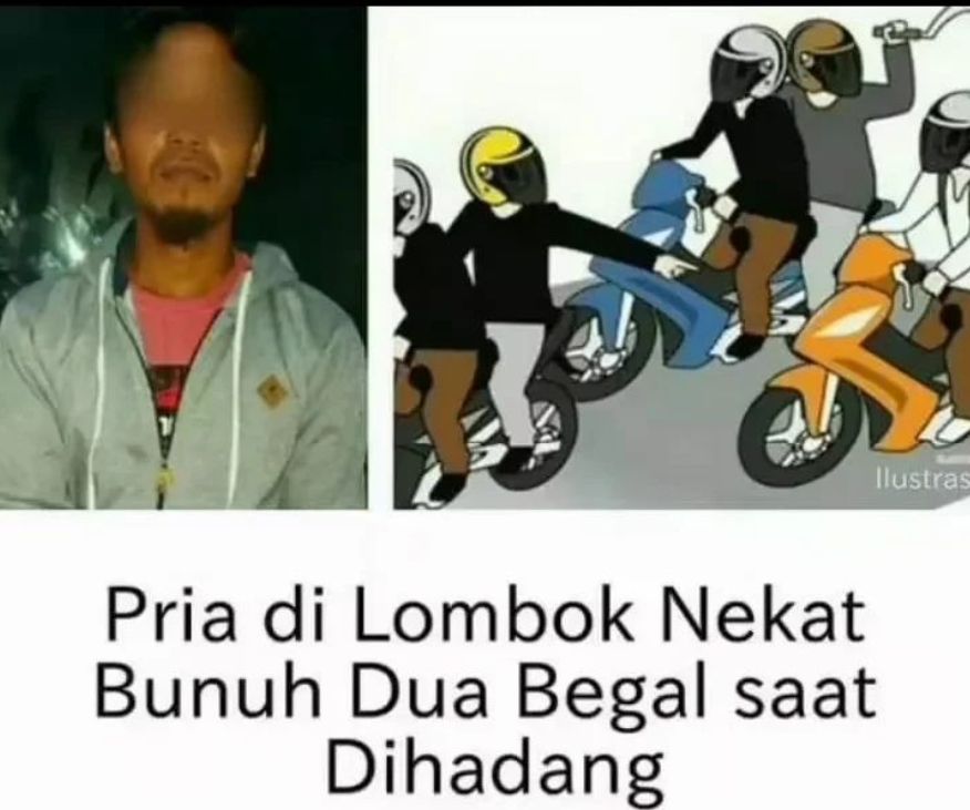 Seorang warga Lombok Tengah, Nusa Tenggara Barat, dipuji publik karena berani melawan saat sepeda motornya hendak dirampas kawanan begal. Tidak main-main, warga bernama MR alias Amaq Sinta itu mengakhiri hidup dua pembegalnya. [Instagram/forumwartawanpolri]