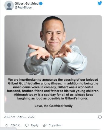 Unggahan soal Gilbert Gottfried.[Twitter]