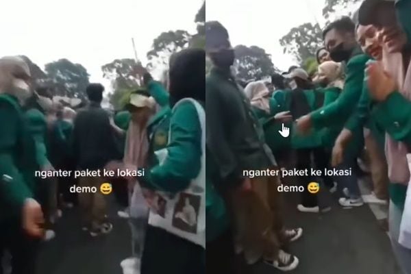 Kurir Naik Motor Terobos Demo Mahasiswa untuk Antar Paket (instagram/@dramaojol.id)