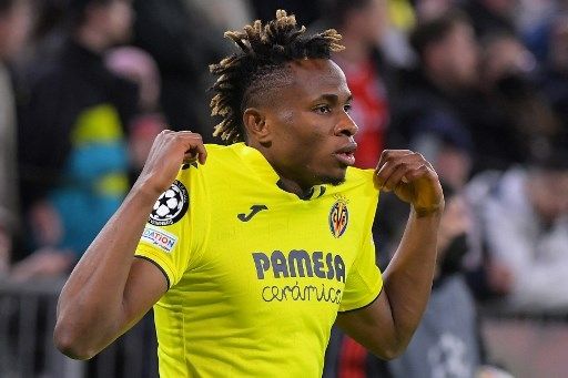 Pemain Villarreal Samuel Chukwueze rayakan gol ke gawang Bayern Munich di leg kedua babak perempat final Liga Champions di Allianz Arena, Rabu (13/4/2022). [AFP]