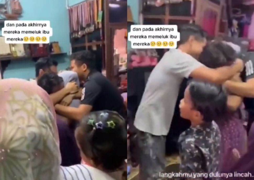 Momen ibu dipeluk oleh anak-anaknya usai diprank berkelahi.. (Instagram/dunia_kaumhawa)