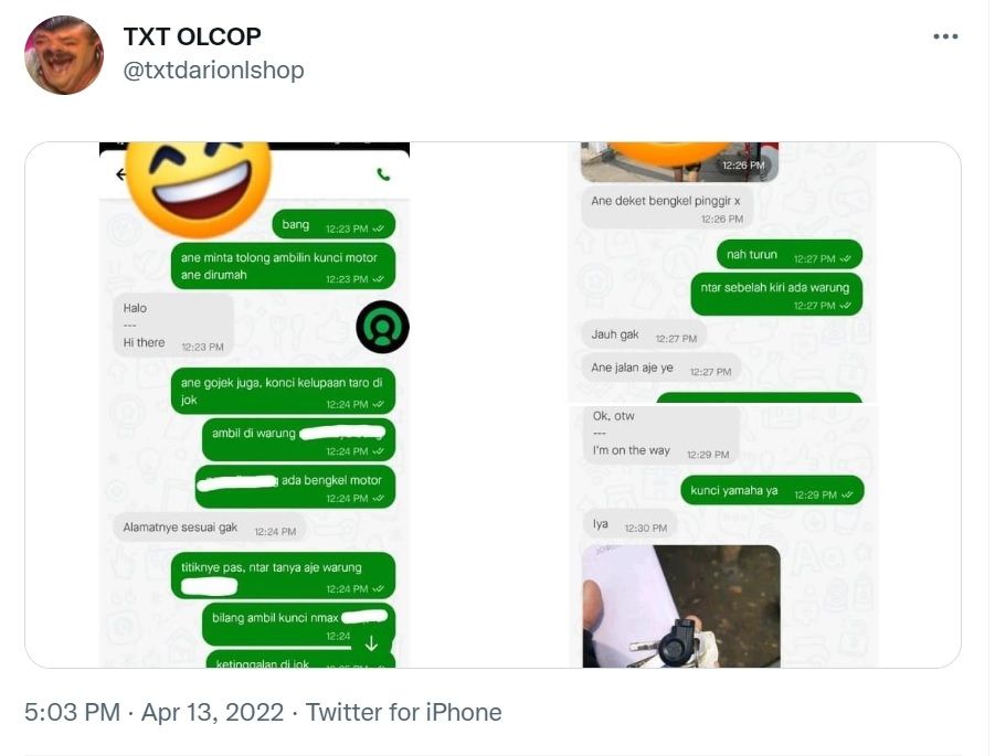 Driver Ojol Pesan Ojol untuk Ambil Kunci Motor di Rumah Gegara Masuk Jok (twitter/@txtdarionlshop)