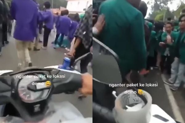 Kurir Naik Motor Terobos Demo Mahasiswa untuk Antar Paket (instagram/@dramaojol.id)