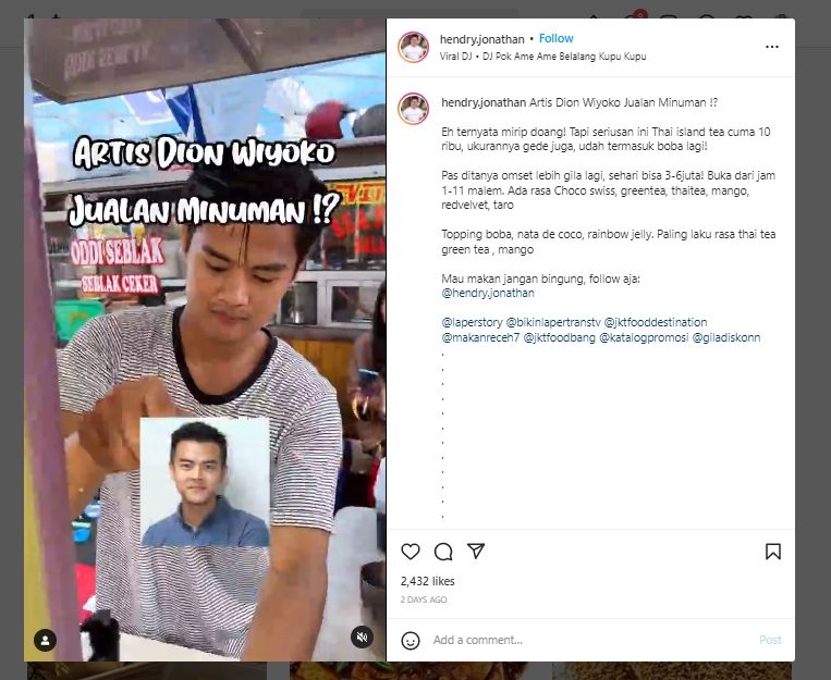 Wajahnya Mirip Artis Dion Wiyoko, Penjual Thai Tea di Jakarta Ini Jadi Sorotan. (Instagram/@hendry.jonathan)