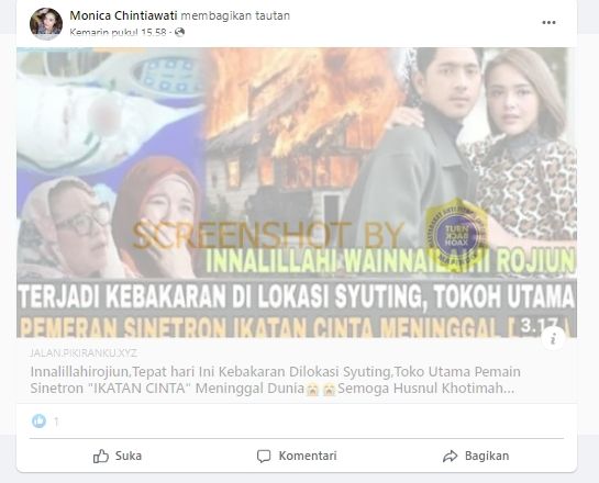 CEK FAKTA: Benarkah Pemeran Utama Ikatan Cinta Meninggal Dunia karena Kebakaran di Lokasi Syuting? (turnbackhoax.id)