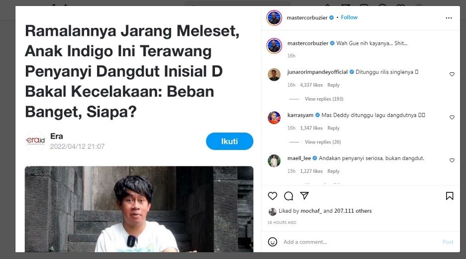 Unggahan Deddy Corbuzier [Instagram]