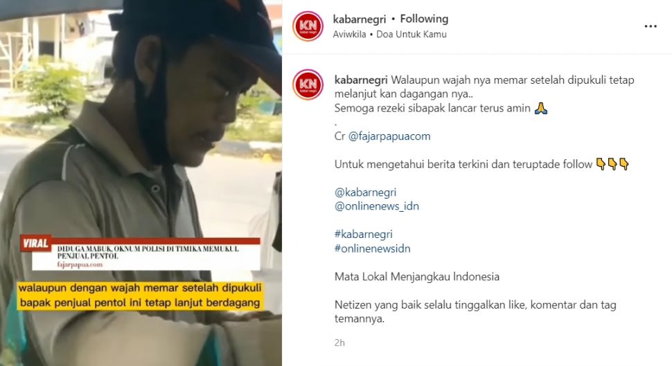 Penjual pentol atau cilok di depan SMA Negeri 1 Mimika, Papua, dipukuli oleh polisi hingga bonyok. Meski begitu, bapak pedagang itu tetap tabah dan lanjut berjualan. [Instagram]