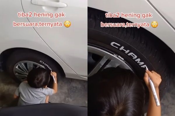 Curiga Anak Hening Tak Bersuara, Ternyata Malah Tepergok Asyik Mewarnai Ban Mobil (instagram/newdramaojol.id)