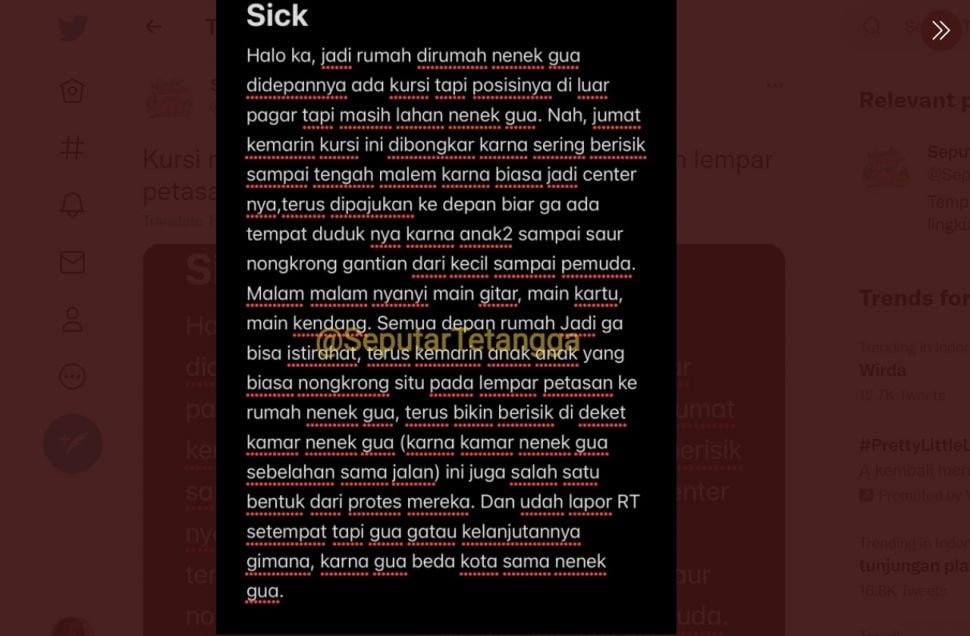 Kursi Depan Rumah Dibongkar Gegara Buat Nongkrong Pemuda sampai Berisik, Rumah Malah Jadi Sasaran Petasan (twitter/@SeputarTetangga)