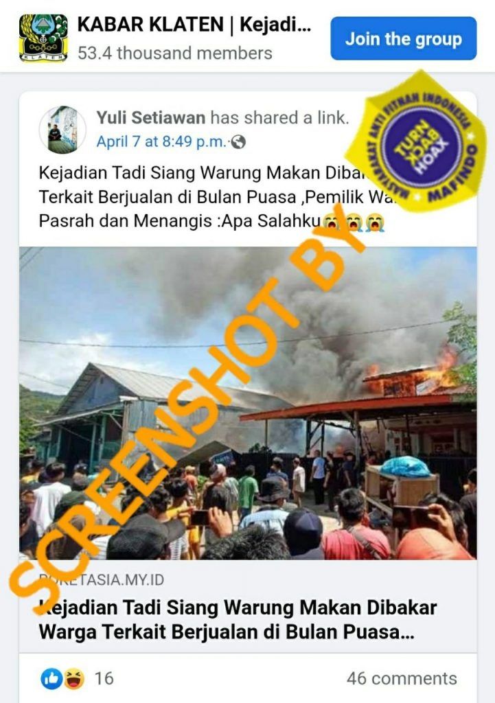 CEK FAKTA: Warga Bakar Warung Makan di Klaten karena Berjualan di Bulan Puasa, Benarkah? (Turnbackhoax.id)