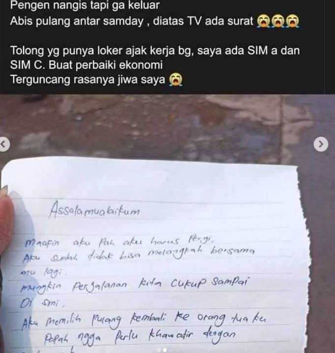 Seorang driver ojek online alias ojol, mengunggah curhatannya yang menemukan surat perpisahan dari istri saat pulang ke rumah. [Instagram]