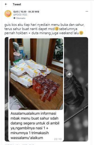 Ibu kos berbagi makanan sahur dari McDonald's (Twitter @FOOD_FESS)