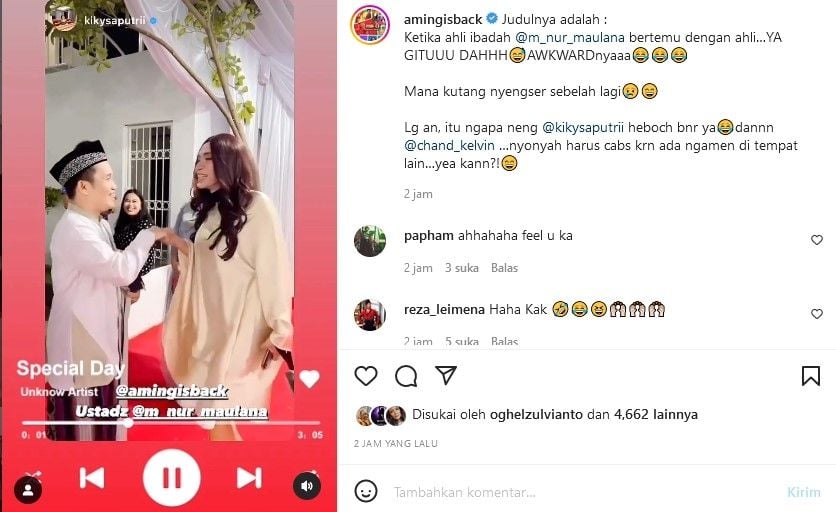 Suasana konyol saat Aming yang berpenampian perempuan bertemu Ustaz Maulana. [Instagram]